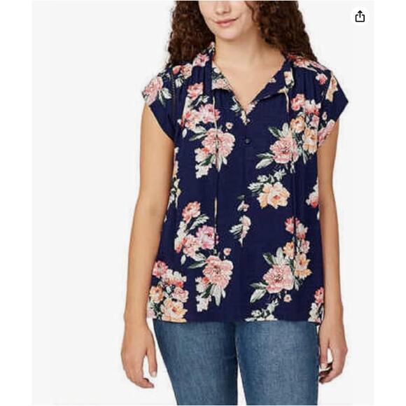 Buffalo Ladies' Flutter Sleeve Floral Print Blouse Large Navy Pink - Picture 1 of 12